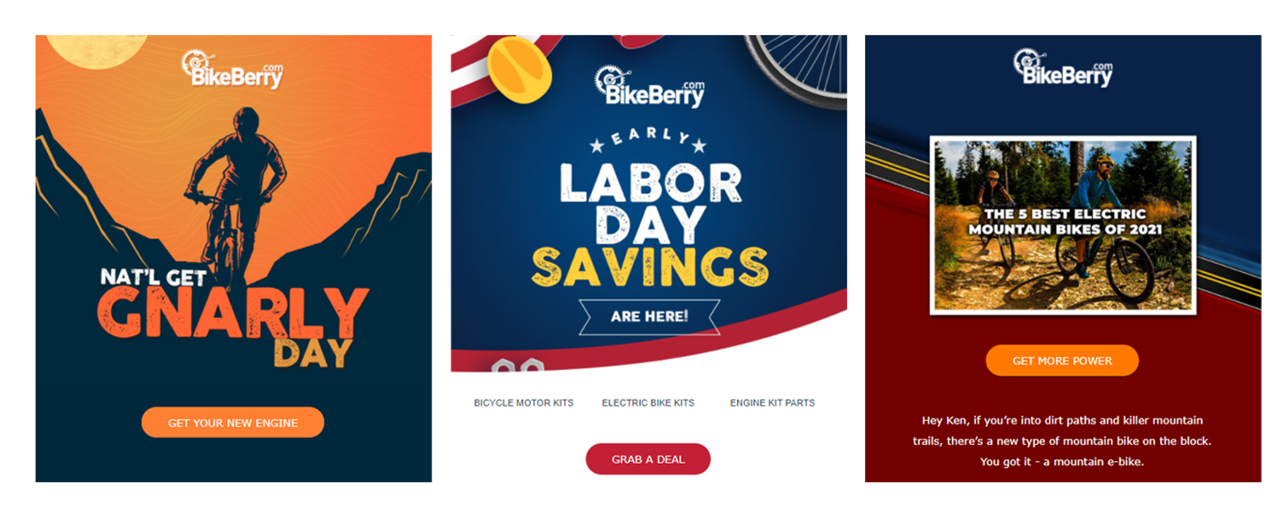 Three BikeBerry campaign emails: National Get Gnarly Day, Early Labor Day Savings, and best electric mountain bikes of 2021