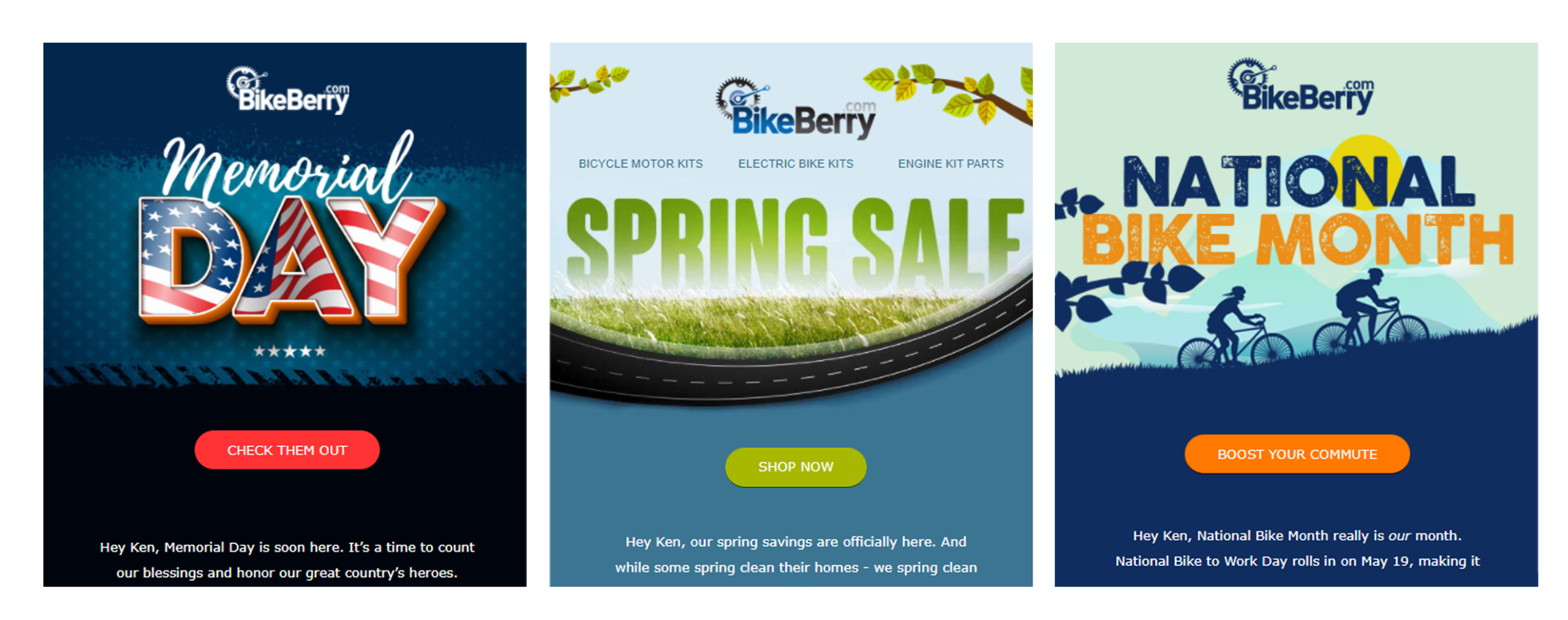 Three more BikeBerry campaign emails: Memorial Day, Spring Sale, and National Bike Month