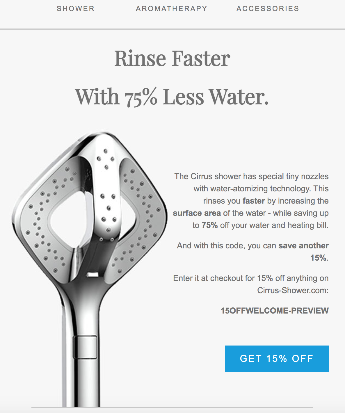 Cirrus showerhead email, Rinse Faster With 75% Less Water, with a 15% discount code