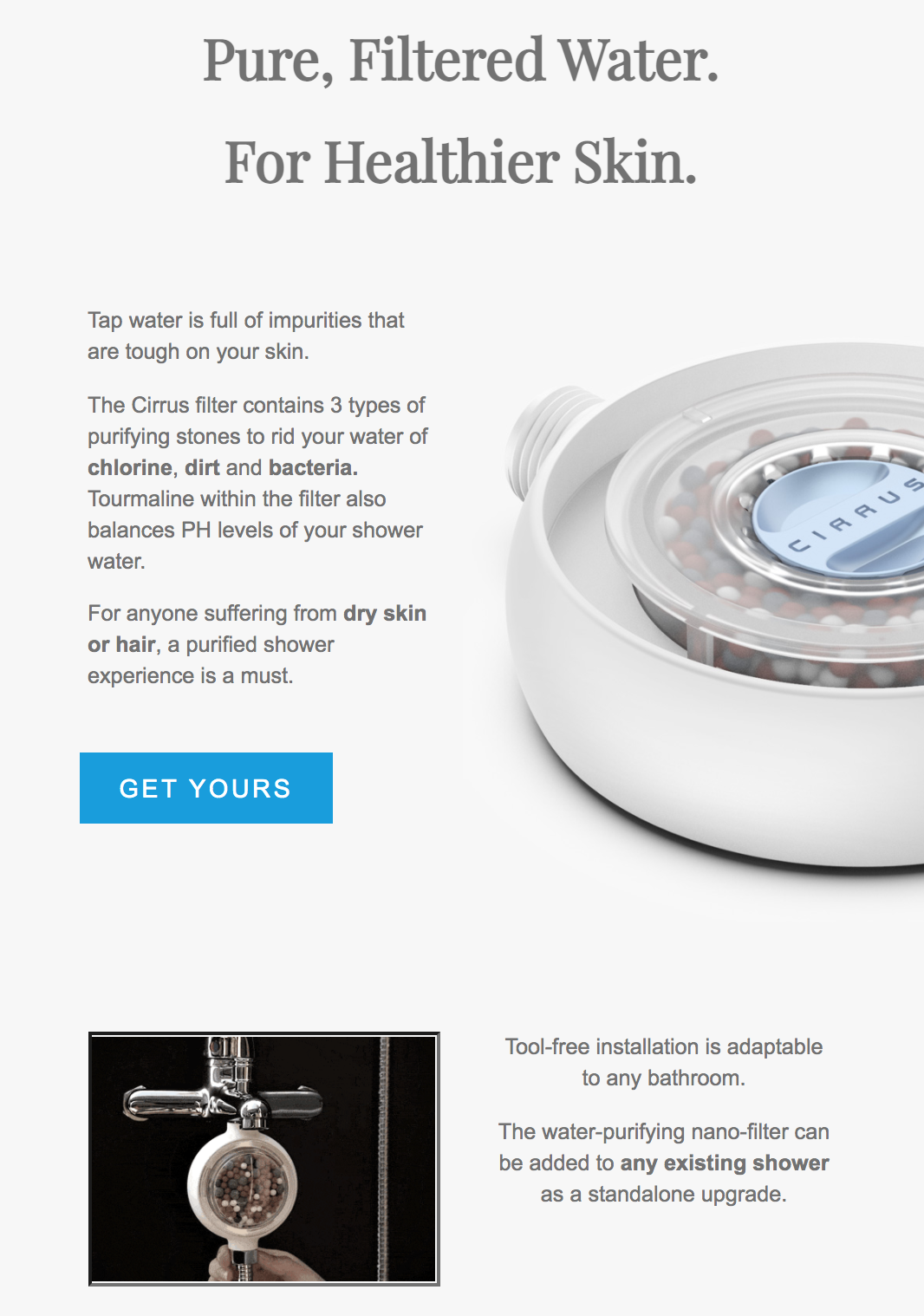 Cirrus shower filter email, Pure Filtered Water for Healthier Skin, with installation photo