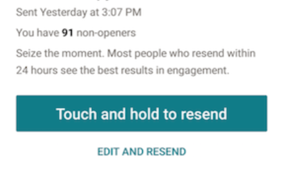 Mailchimp resend prompt: 91 non-openers, touch and hold to resend