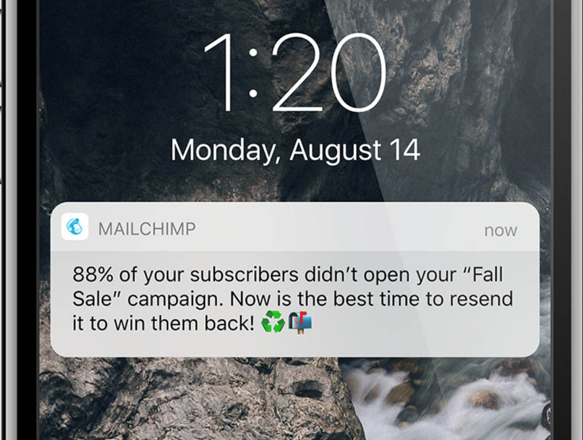 Phone lock screen: Mailchimp notification urging a resend to non-openers